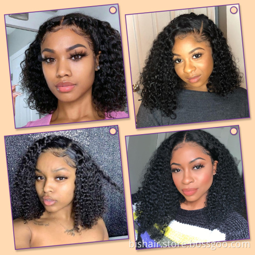 BIS deep wave brazilian human hair bob closure natural wig hairline remy short curly hair bob lace front wig with baby hair